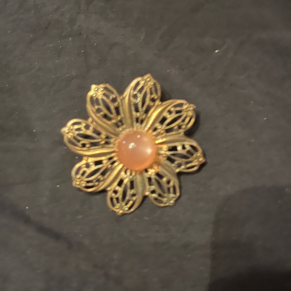 Vintage Gold Tone Filigree Brooch with pink stone center